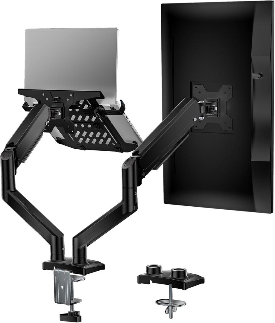 WALI Dual Arm Laptop and Monitor Desk Mount for 17" Notebook and Up to 32" Screen, Gas Spring Dual Monitor Arm with Laptop Tray, Holds up to 19.8 lbs per Arm, VESA 75x75 100x100, Black (GSMP002LP)