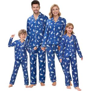 VENTELAN Family Christmas Satin Pajamas Matching Set Silk Long Sleeve Button Down Pjs Sets Holiday Sleepwear for Couples Kids (14 Years, Blue)