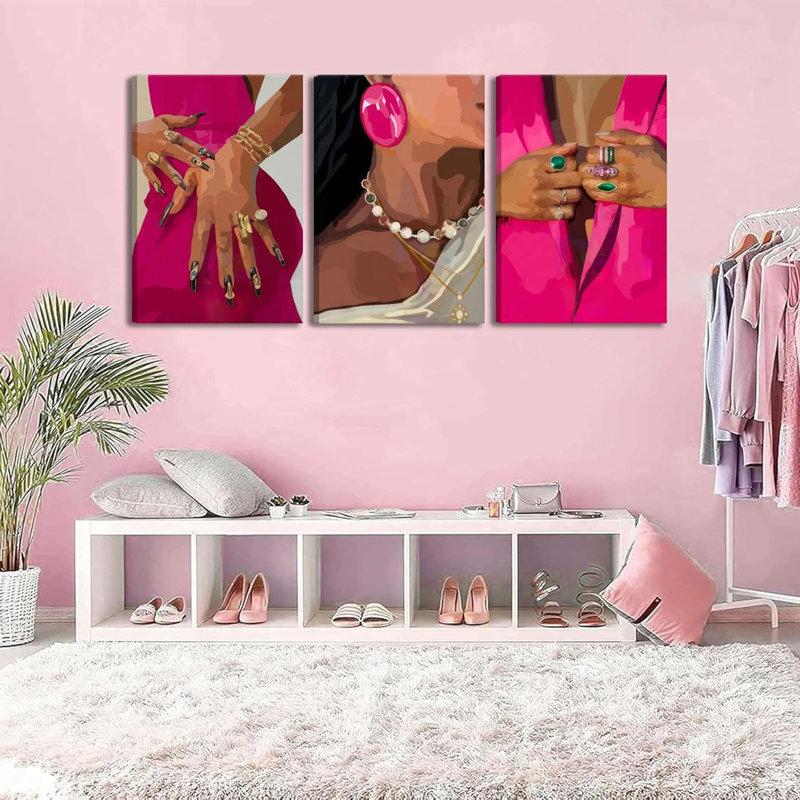3Pcs Pink Black Woman Canvas Wall Art Trendy Black Girl Painting Picture Wall Decor African American Poster Print Artwork For Living Room Bedroom Home Decoration