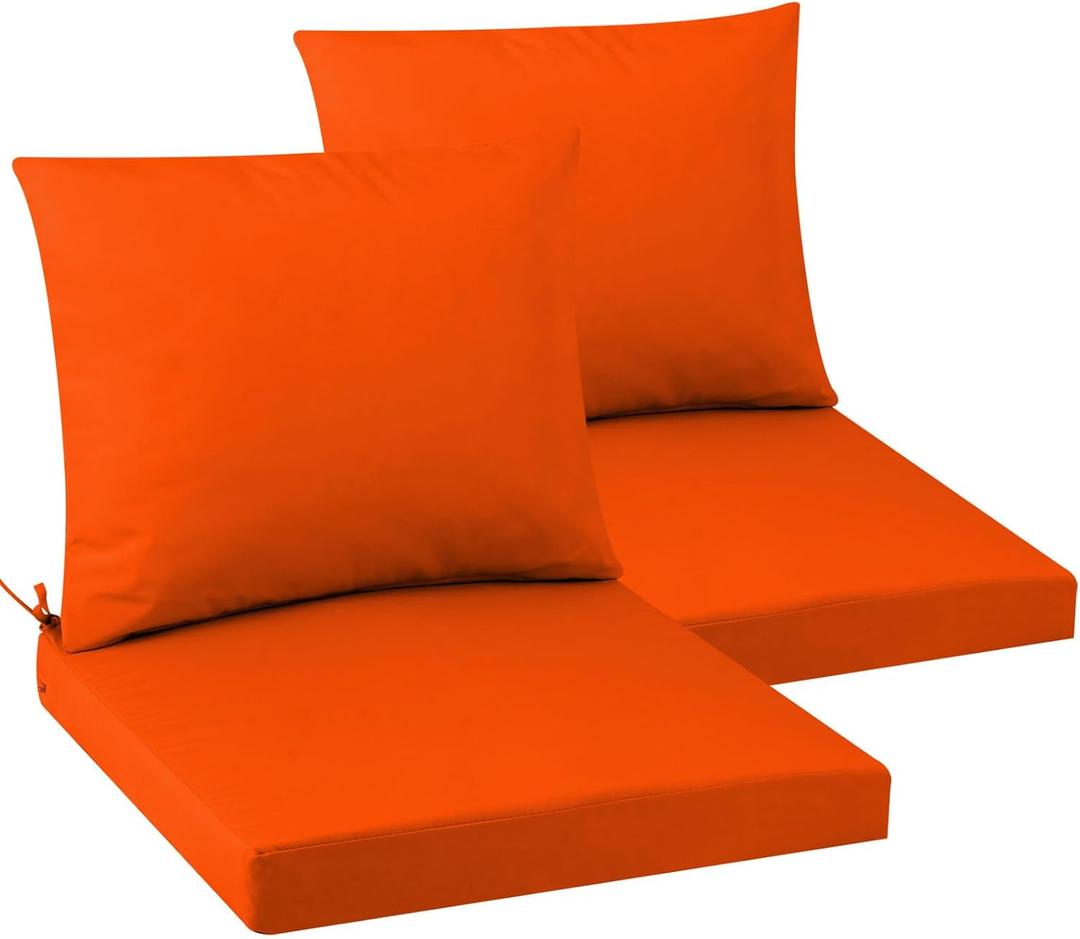 Outdoor Seat Cushion Set 19 x 19 In, Water-Resistant & Fade-Resistan, Patio Furniture Cushions with Removable Cover Deep Seat & Back Cushion with Handle and Adjustable Straps for Chair Sofa, 2 packs, 19*19*3+19*17inch, Orange