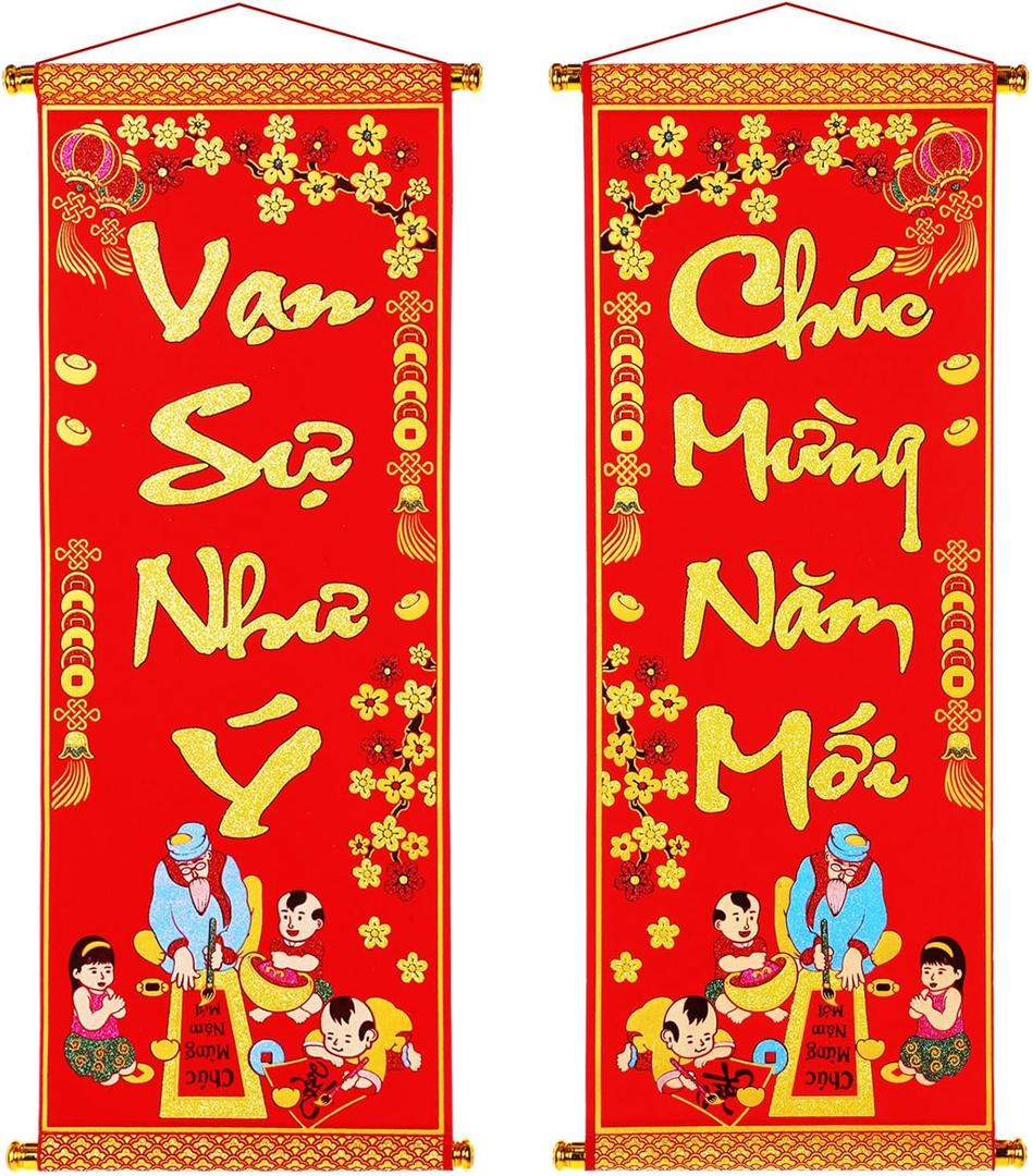 Vietnamese New Year Decorations 2026 TET Vietnamese Lunar New Year Red Hanging Couplets, Good Fortune Spring Festival Couplets Ornament for TET Home Door Wall Festival Decor (Stylish)