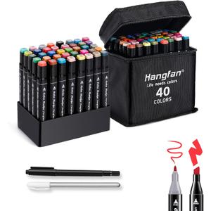 Art Markers, for Adult Coloring Books No Bleeding,40 Colors Dual Tip Alcohol Markers Brush Tip,Give 1 White Highlighter,1 Tracing Pen,Anime Coloring Sketch Illustrations (Black Pen Container)