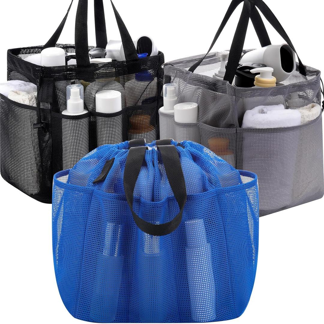 Talltalk 3 Pcs Mesh Shower Caddy Portable with Drawstring Dorm Essentials with 8 Pockets Hanging Shower Caddy Basket Quick Dry Toiletry for College Bathroom, Camping, Swim, Gym(Classic Color)
