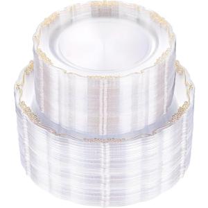 U-QE 100PCS Clear Gold Plastic Plates - Disposable Heavy Duty Clear Plates with Gold Rim Including 50PCS 10'' & 50PCS 7.5'' Perfect for Party, Weddings
