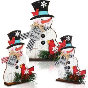 Cinnvoice 3 Pcs Wooden Snowman Table Decor Vintage Snowman Tabletop Centerpieces Vintage Winter Block Sign with Red Cardinal Let It Snow Pinecones Pine Decor for Winter Tiered Tray Home Shelf Gifts