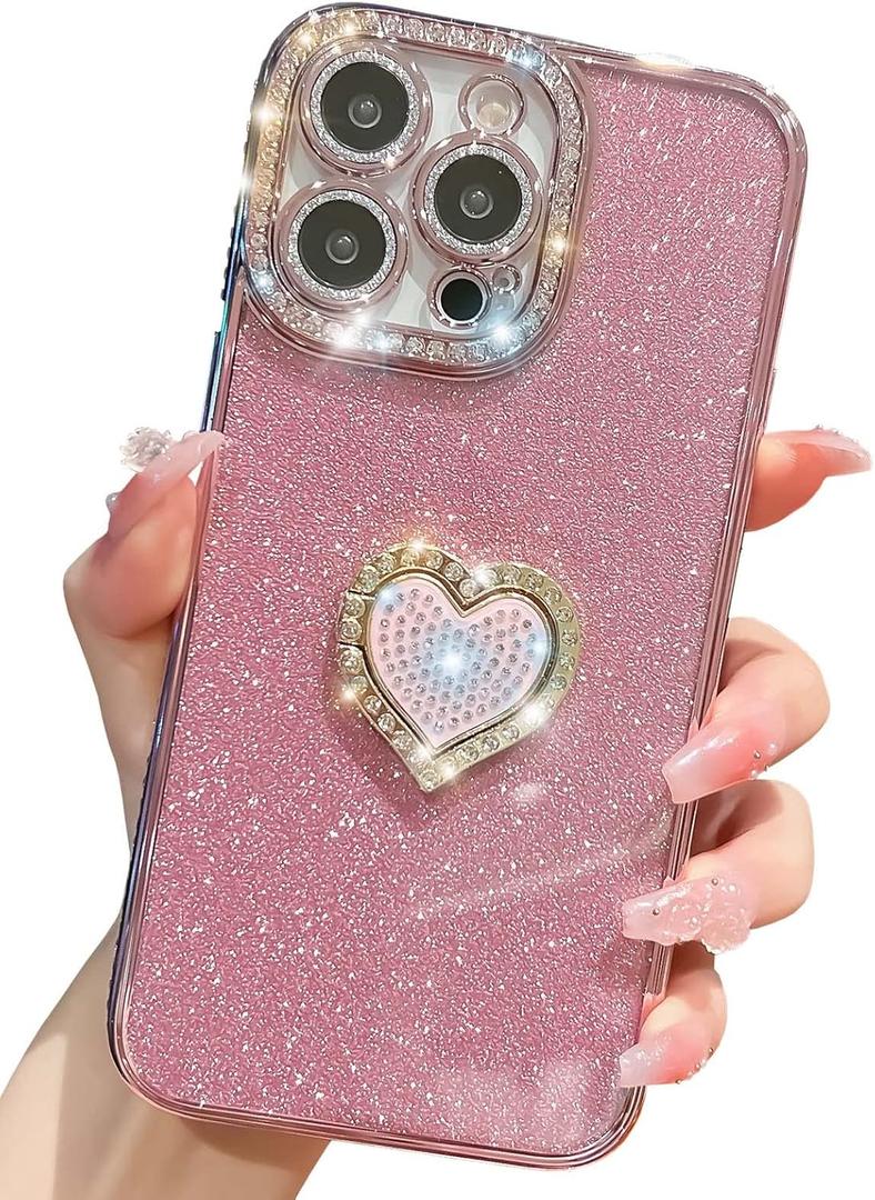 Cute Compatible with iPhone 14 Plus 6.7 Inch Case, Bling Diamond + Glitter Card Cases with Love Heart Kickstand, Sparkly Camera Protection Soft Cases for Women Girls(Rose Gold)