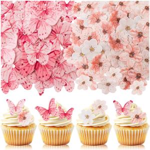 90PCS Artificial Flowers Butterfly Cupcake Toppers, Cherry Blossom Cake Topper Wafer Paper Butterfly Flower for Baby Shower Wedding Birthday Party Cake Food Decorations Supplie