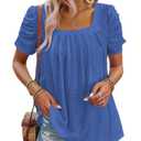 Dokotoo Womens Summer Tops Hollow Pleated Square Neck Solid Color Short Sleeves Shirts Blouses Spirng Tops for Women Cruise Outfits Womens Summer Clothes Sky Blue, Size: XL