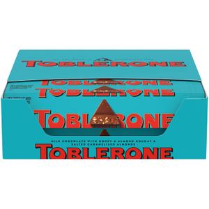 TOBLERONE Milk Chocolate Bar with Salted Caramelized Almonds and Honey and Almond Nougat, Bulk Chocolate, 20 Bars - 3.52 oz, EXP 09/20/24