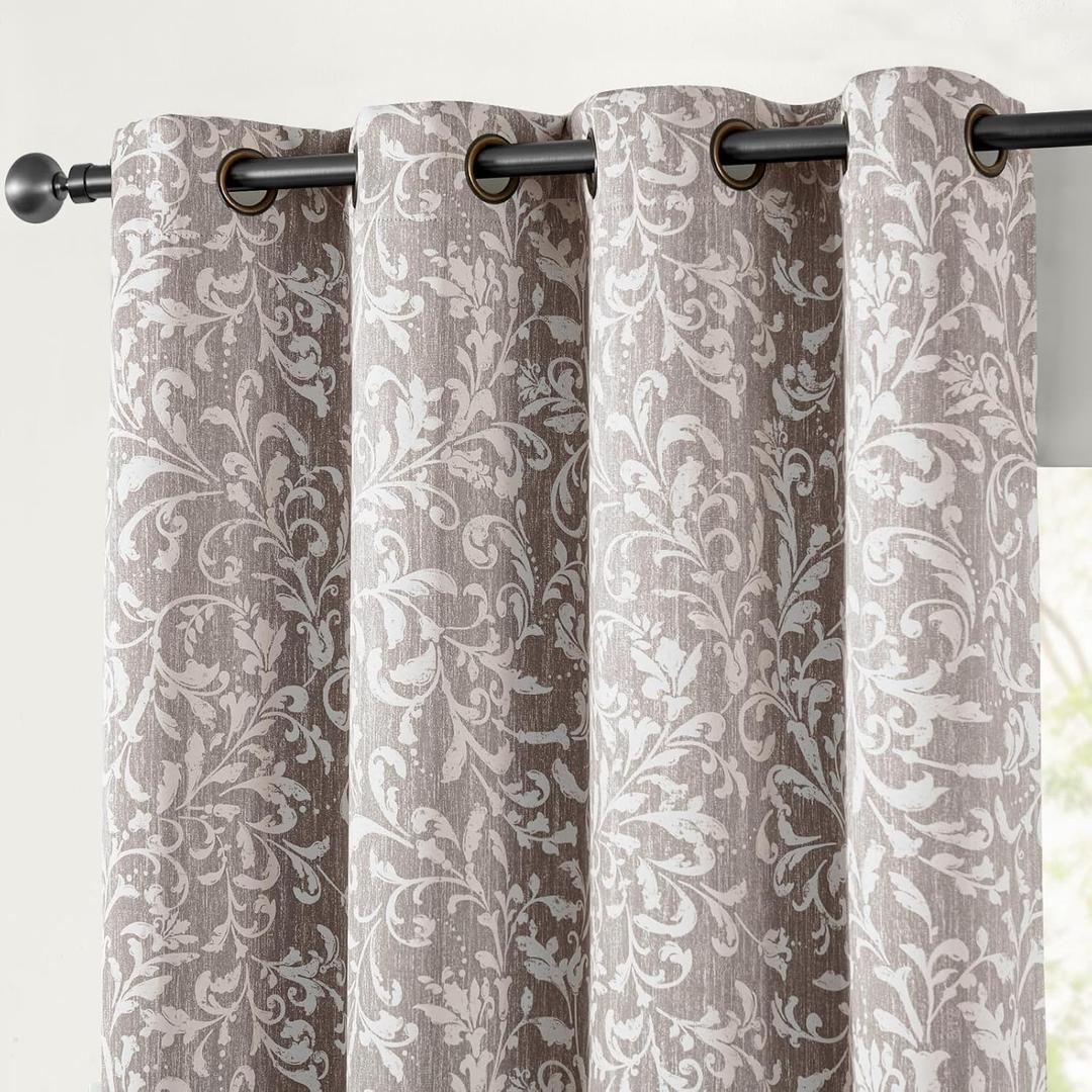 jinchan Blackout Curtains for Bedroom, Taupe Grey Scroll Floral Patterned Curtains 90 Inch Length for Living Room, Vintage Art Deco Drapes, Thermal Insulated Window Curtains Grommet 2 Panels