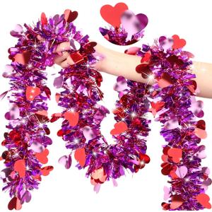 50 FT Valentines Day Garland Decor Red Pink Purple Heart Tinsel Garland Metallic Glitter Hanging Garlands Valentines Day Decorations for Tree Mantel Home Indoor Wedding Galentines Party Romantic Decor