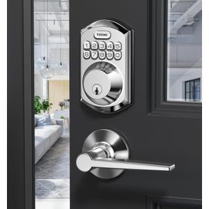 TEEHO TE001L Keyless Entry Door Lock with 2 Handles - Electronic Keypad Deadbolt with Door Lever, Front Door Handle Sets, Auto Lock, Easy Installation, Satin Nickel