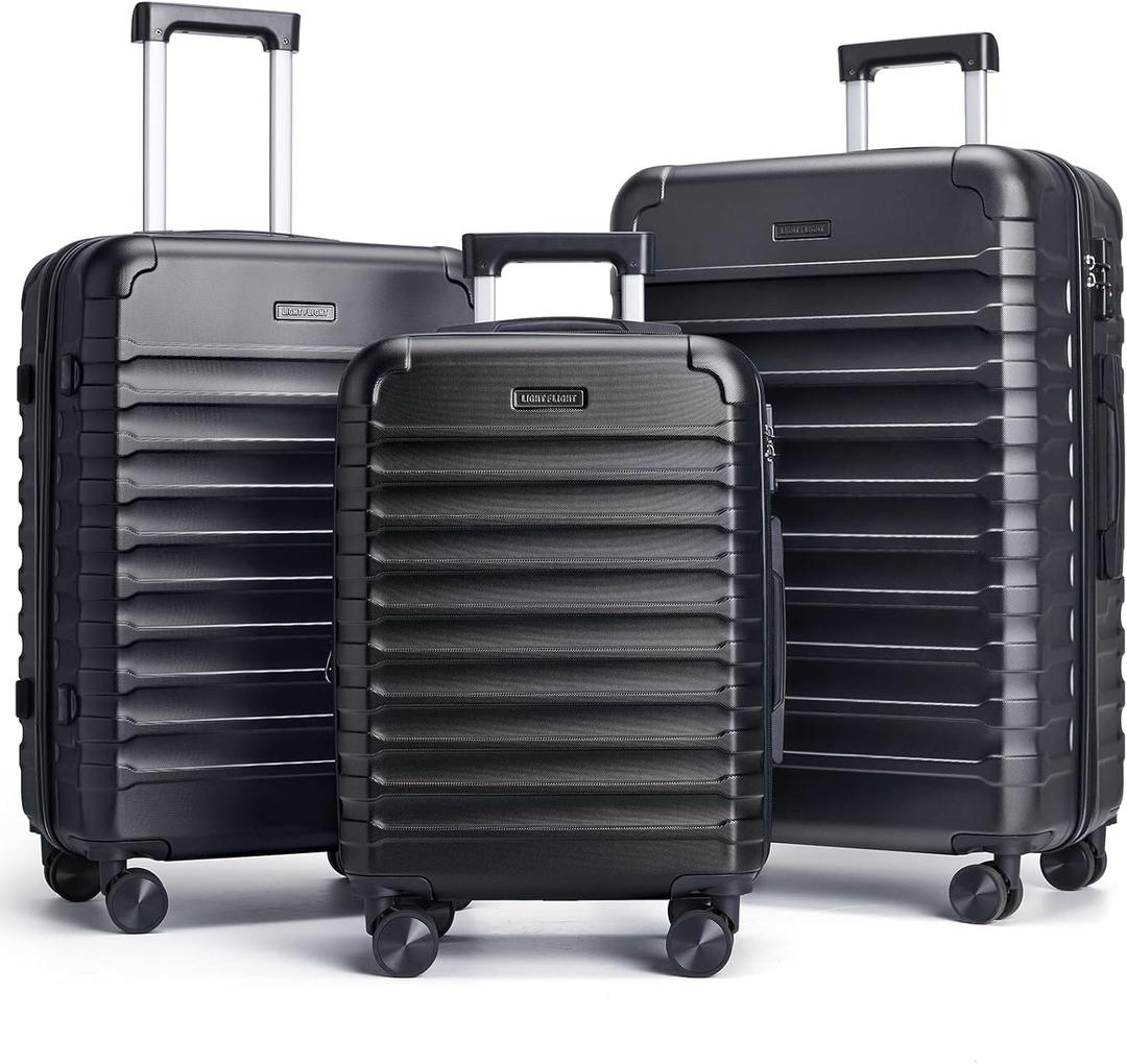 LIGHT FLIGHT Luggage Sets, 3 Piece Durable Suitcase Set with Spinner Wheels, 3 Pcs Hardside Lightweight luggage with TSA Lock, Large Checked Travel Suitcases, 20/24/28 Inch, Black