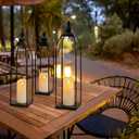 DARJEN 3 Pcs Black Metal Decorative Candle Lantern Set, 16'' 19'' 22'' Modern Lantern with 3 Flameless Candles for Indoor & Outdoor, Decorative Large Lanterns for Porch, Patio, Fireplace & Home Decor