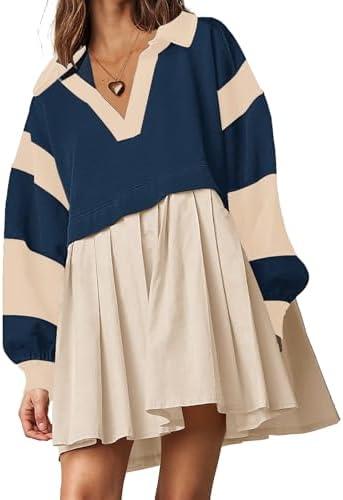 SAUKOLE Women’s Oversized Casual Sweatshirt Patchwork Dress Fall Long Sleeve Trendy Lapel Neck Pleated Mini Dress Small