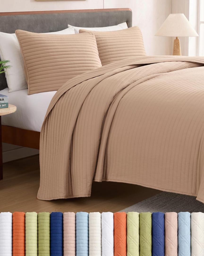 Quilts Queen Size - Light Brown Bedspread Queen Size with Stripe Stitch Pattern - Lightweight Bedspread for All Seasons - Soft, Breathable Comfy Summer Quilted Coverlet w/ 2 Pillow Shams - 90" x 96"