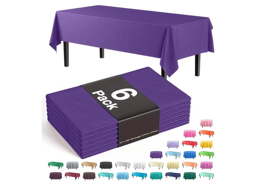 Exquisite Party Solids 6-Pack Premium Plastic Tablecloth 54in. x 108in. Rectangle Plastic Table Cover - Purple