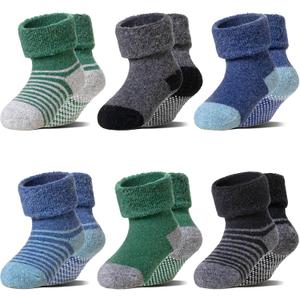 6 Pairs Baby Boy Girl Non Slip Socks Child Toddler Winter Thick Soft Wool Kids Warm Socks with Grips (0-12 Months, Blue/Green Stripe)