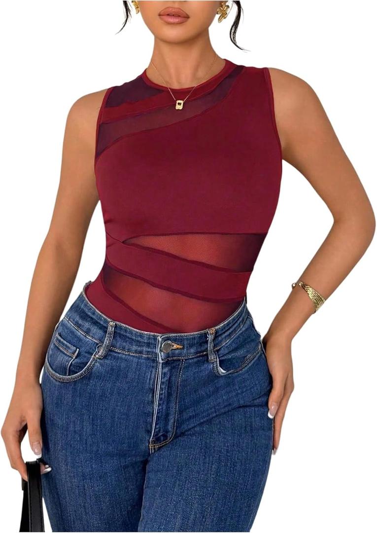 Milumia Women's Cut Out Sheer Mesh Bodysuit Top See Through Sleeveless Body Suits Going Out (Burgundy) M
