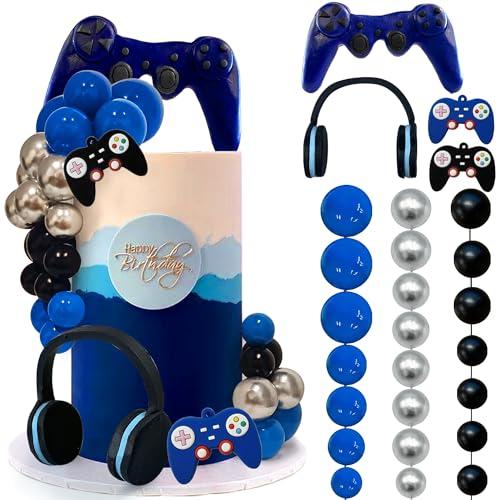 30 PCS Video Game Themed Cake Toppers - Headset, Ball, Controller Cake Decoration for Game Theme Birthday Party (Blue)