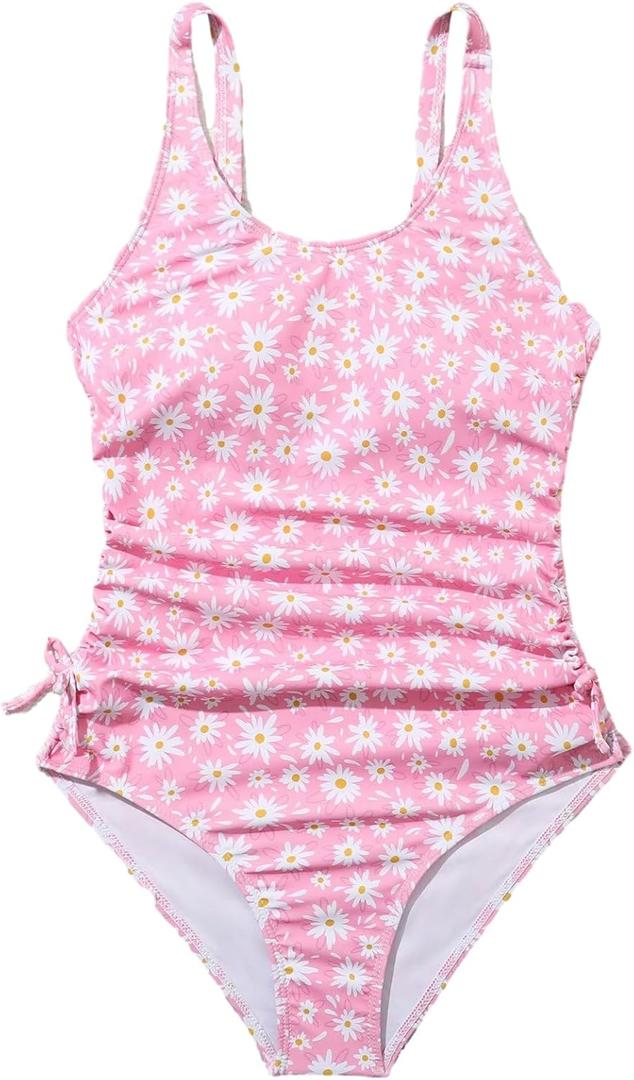 OYOANGLE Girl's Cute Spaghetti Straps Round Neck Drawstring One Piece Swimwear Tie Bathing Suit (13 Years, Pink Floral)
