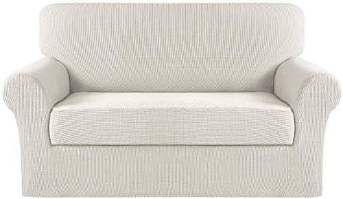 Turquoize Stretch Sofa Slipcover 2 Pieces Sofa Cover Couch Cover for 2 Cushion Couch Washable Furniture Protector Covers with Elastic Bottom Feature Thick Jacquard Fabric (Loveseat, Ivory)