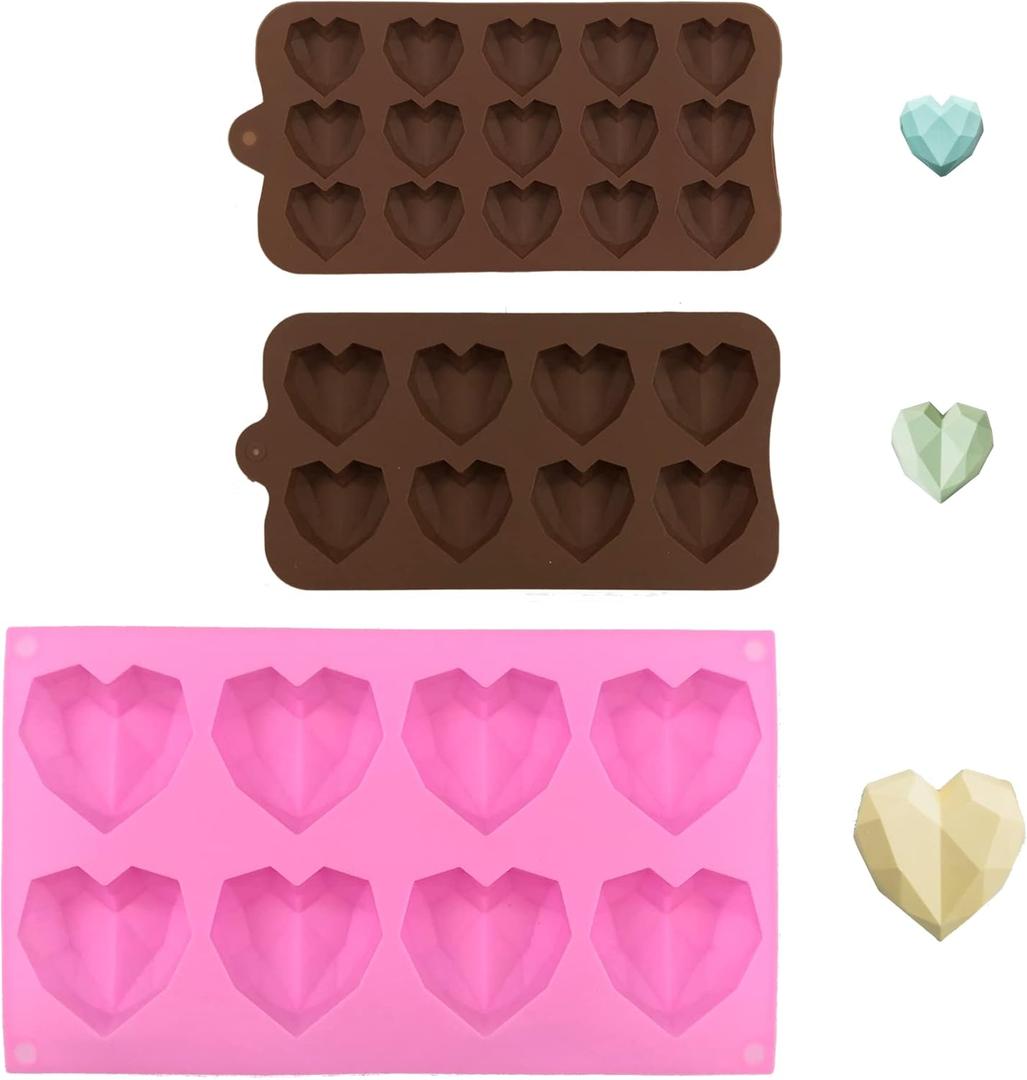 Geometric Heart Silicone Molds (3 pcs) - Mini Heart Shapes for Ice Cubes, Chocolate & Fun Shapes