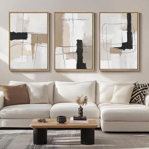 Large Framed Neutral Abstract Wall Art for Living Room, Set of 3 Modern Black and White Beige Canvas Prints Paintings Artwork for Walls, Minimalist Pictures for Bedroom Hallway Wall Decor 24x36 In, 24" W X 36" H X,  3pcs