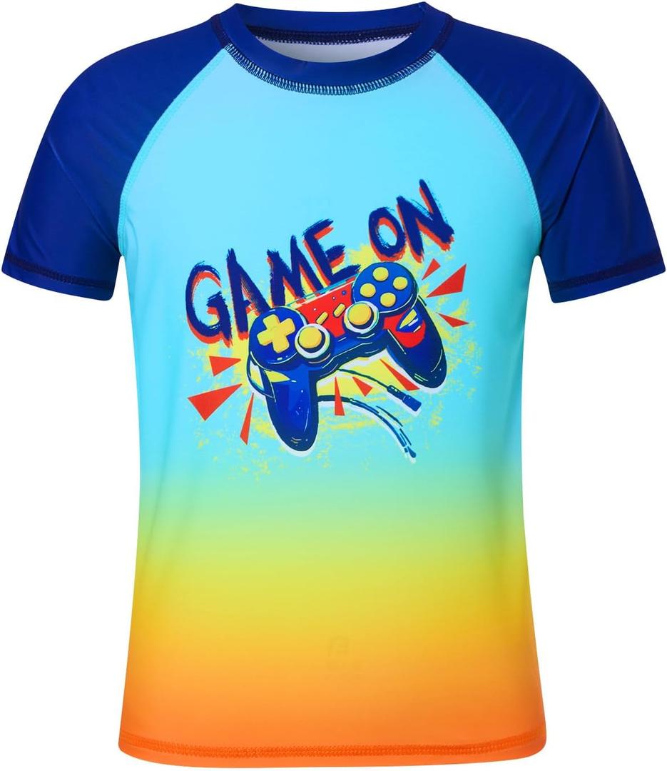 Boys Rash Guard Shirt Short Sleeve UPF 50+ UV Sun Protection T Shirt for Kids 4-13Y (Blue)