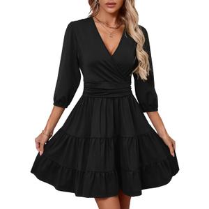 PerZeal Women's Wrap V Neck 3/4 Sleeve Wedding Guest Dress Elastic Waist Tiered Belted Ruffle Hem Mini Dress (Medium)