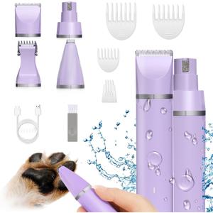 Dog Grooming Clippers Kit-Electric Rechargeable Cat Trimmer Tools-Cordless Quiet Pet Nail Paw Grinder-4 in 1 Multifunctional Low Noise Shaver-Razor for feet Face Ears Toenail Eye (Purple)