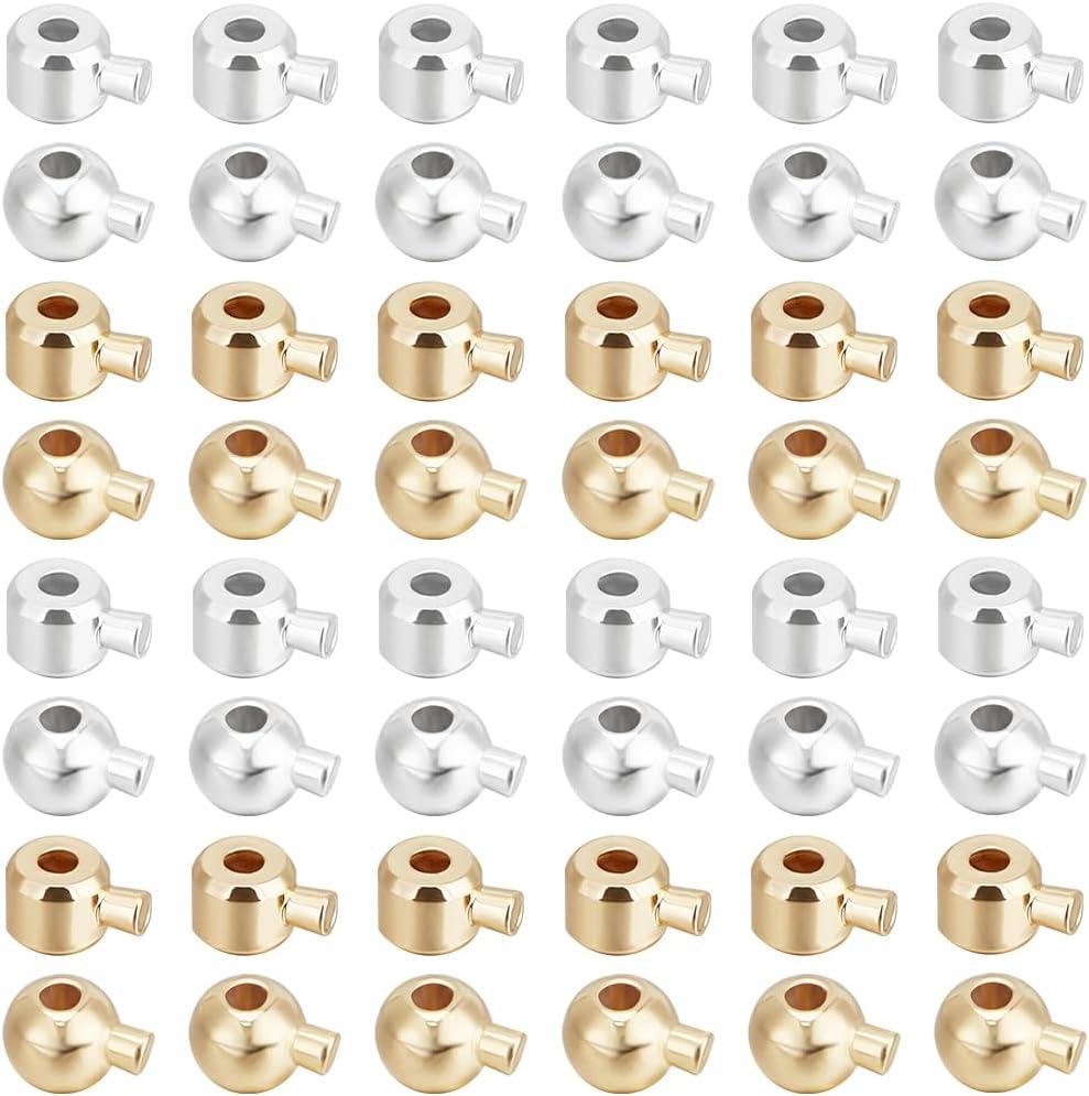 Beebeecraft 100Pcs 4 Styles Crimp Bead Stopper 14K Gold & 925 Sterling Silver Plated Cord End Crimp Beads for Jewelry Making Supplies
