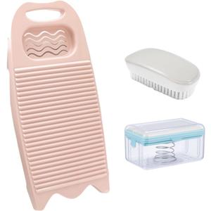 Wash Board, Washboard for Hand Washing Clothes, Plastics Laundry Scrub Board Household With Holder Portable (D-light pink+multifunctional soap dish+soft bristle brush)