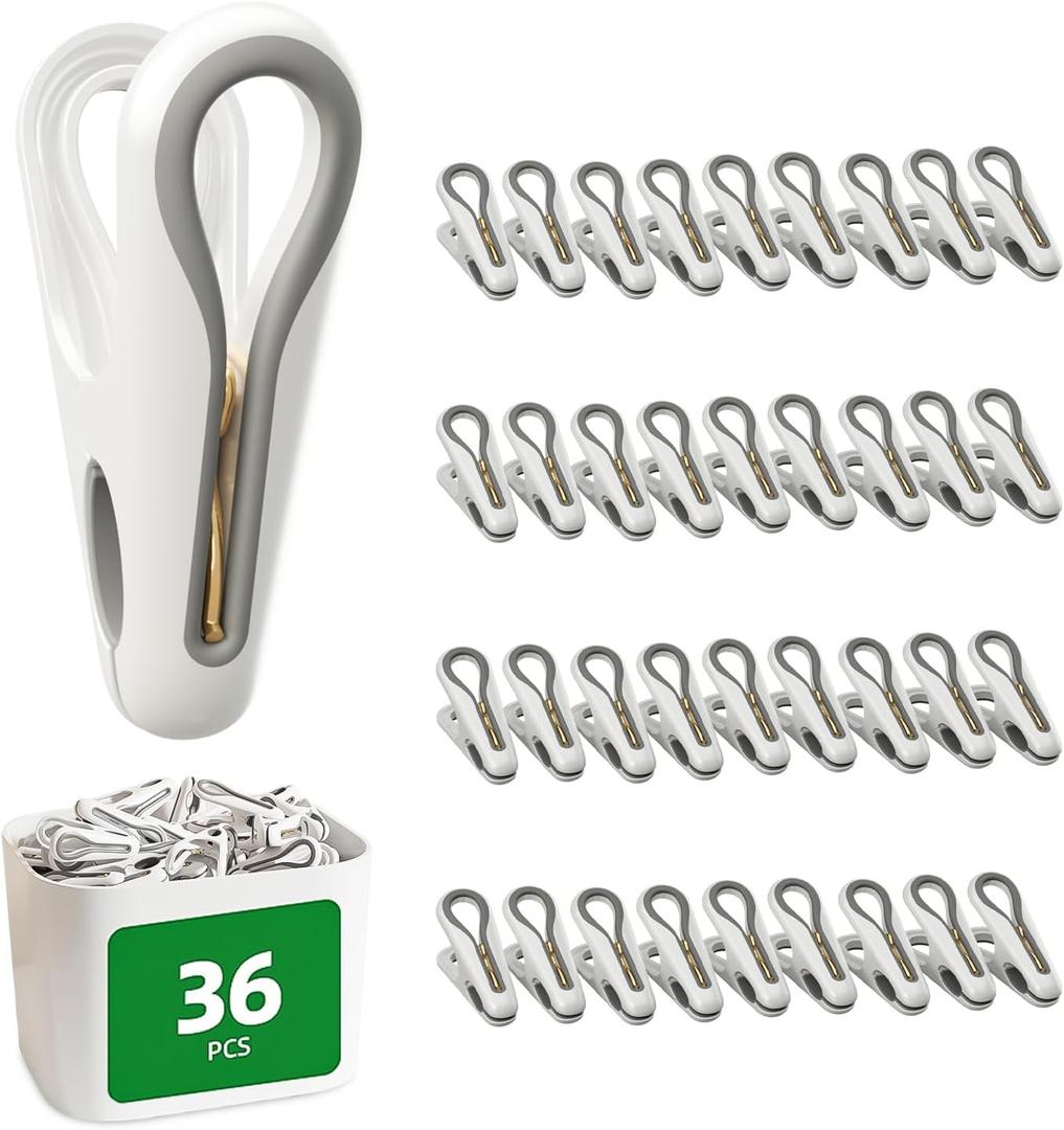 Plastic ClothesPins Heavy Duty Out door 36 Pack with Storage Box, 2.5-Inch Chip Clips with Non-Slip No-Trace Design for Laundry, Drying Clothes,Towels, Crafts, Picture, Food Clips, Home Use and Travel