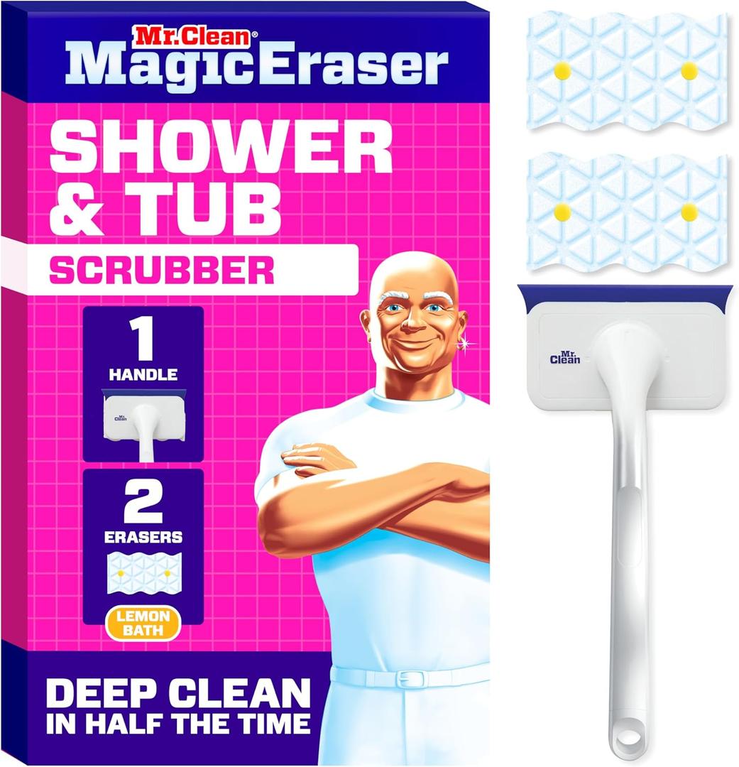 Mr. Clean Magic Eraser Shower & Tub Scrubber, Bathroom Cleaner, All in One Bathroom Cleaner, Lemon Starter Kit, 1 Scrubber & 1 Foaming Magic Erasers