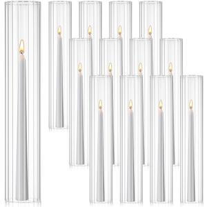 12 Pcs Hurricane Glass Candle Holders 2.5 x 14 Open Ended Tube Ribbed Shade Bottomless Chimney Cylinder Taper Candle Cover for Wedding Anniversary Home Table Centerpiece