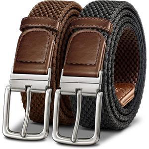 KEMISANT Braided Belt Reversible,Elastic Stretch Belt for Gift Men Golf Casual 1 3/8",2 In 1 Belt (Black/Light Brown3051)