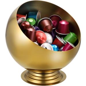 ELLDOO Coffee Pod Holder, Gold Metal Coffee Pod Storage for K Cup Nespresso Vertuo Keurig, Creamer Organizer Candy Bowl Fruit Snacks Jar for Countertop Kitchen Breakroom (7.1 inch height with base)