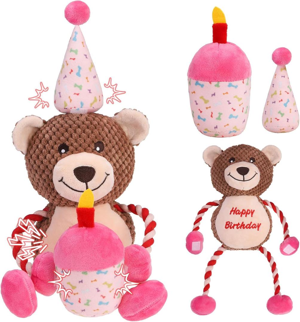 EXPAWLORER Squeaky Dog Birthday Toys - Durable Plush Dog Toy with Crinkle Paper,Chew Toys Soft Fabric for Small, Medium, and Large Dogs to Keep Them Busy,Training Reward, Pink Bear