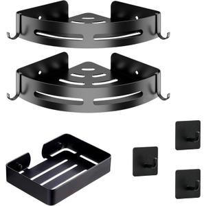 2 Adhesive Corner Shower Caddy with 2 Hooks, Soap Holder and 3 Adhesive Towel Hooks, Rustproof Aluminum Corner Shelf, No Drilling Shower Organizer for Bathroom Storage.