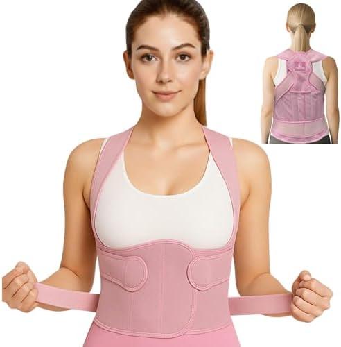 Fitgonomic Posture Corrector For Back Support, Adjustable Full Back Brace for Men & Women, Shoulder, Upper and Lower Back Pain Relief, Lumbar Support, (Pink, Small, waist 24"-30")
