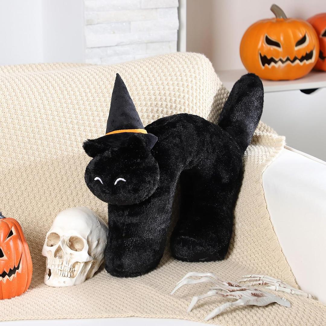 Soulchen Black Cat with Witch Hat Shaped Plush Pillow Frightened Cat Shaped Pillow Black Kitten Stuffed Animals Toy Halloween Decorative Gift for Trick or Treaters