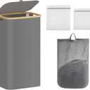100L Laundry Hamper with Lid,Collapsible Laundry Basket, Dirty Clothes Basket, Storage Case with Bamboo Support - Handles - Removable Inner Bag - 2x Washing Mesh Bags for Bedroom Dorm Bathroom (Gray)