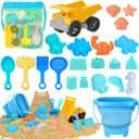 Beach Toys, 23Pcs Sand Toys, Sandbox Toys with Dump Truck, Collapsible Sand Bucket, Shovel Set, Sand Castle Kit, Animal Dinosaur Molds, Mesh Bag, Travel Toys for Kids Toddlers Boys Girls