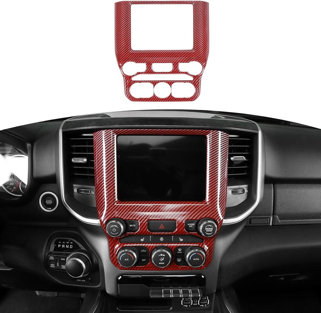 RT-TCZ for RAM Navigation Panel Dash Air Conditioning Vents Trim Cover for Dodge RAM 2018 Up Red ABS Carbon Fiber Interior Accessories