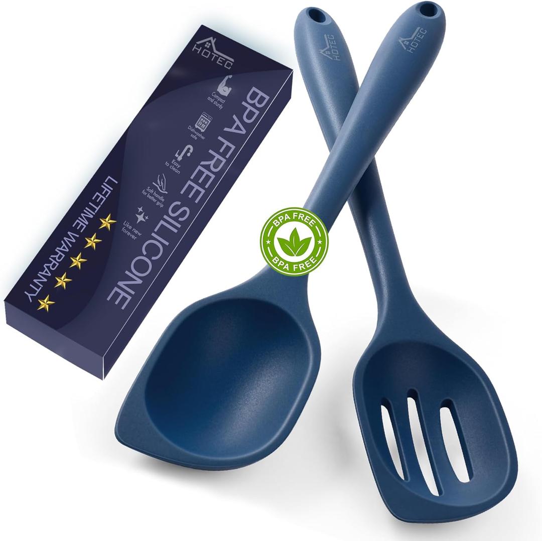 HOTEC 446F Heat Resistant Silicone Cooking Spoon Spatula, BPA Free Large Kitchen Solid and Slotted Spoons for Mixing, Serving, Scraping, Non-stick, Dishwasher Safe Classic Blue 12.5inch