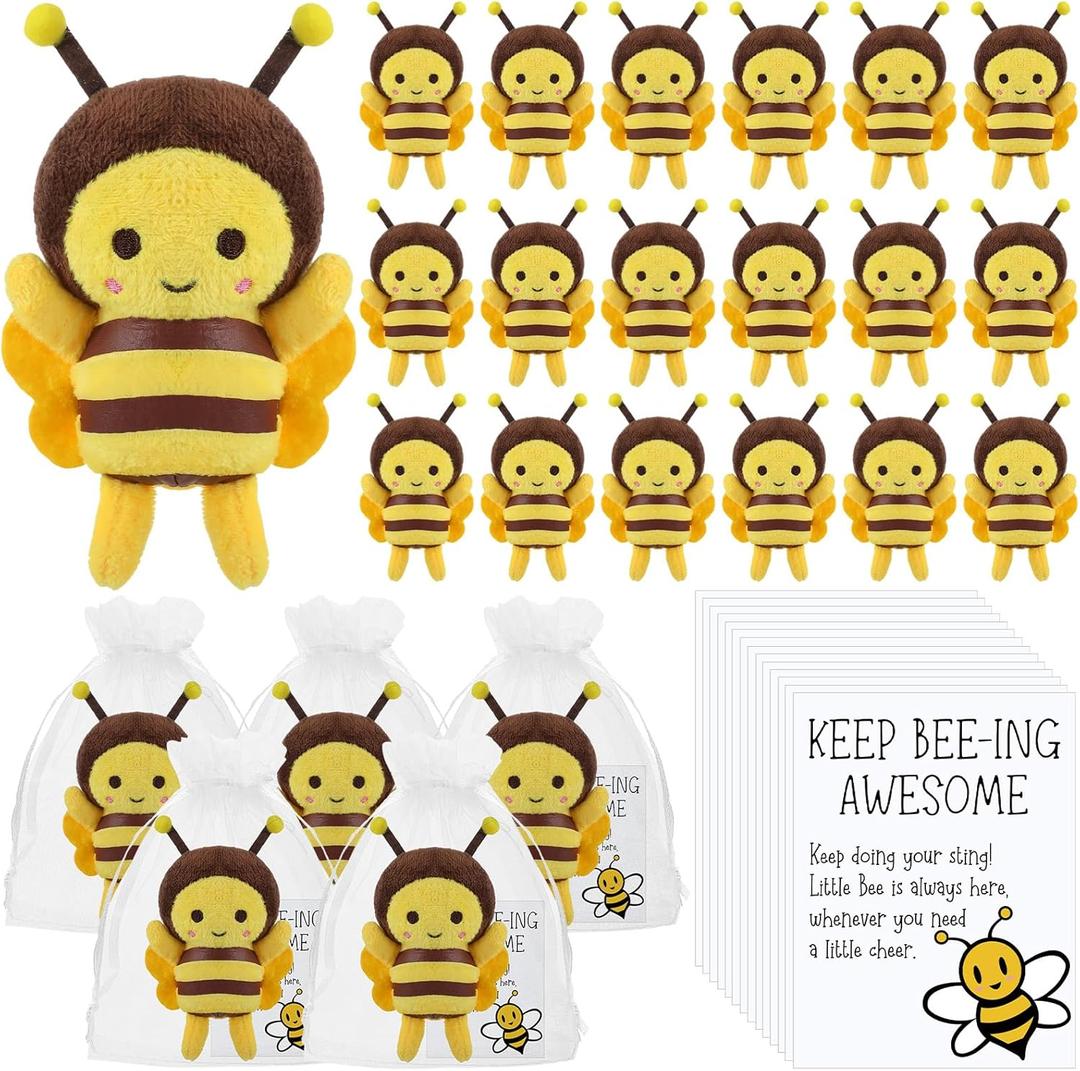 RoundFunny 24 Sets 5 Inch Stuffed Bees Soft Small Bee Stuffed Animal Honeybee Keychains with Inspirational Cards and Organza Bags for Birthday Party Favors