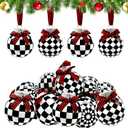 12 Pieces Black and White Winter Balls Black and White Checkered Ball Ornament Farmhouse Christmas Hanging Balls Ornaments with Buffalo Check Bow Christmas Tree Decor for Home