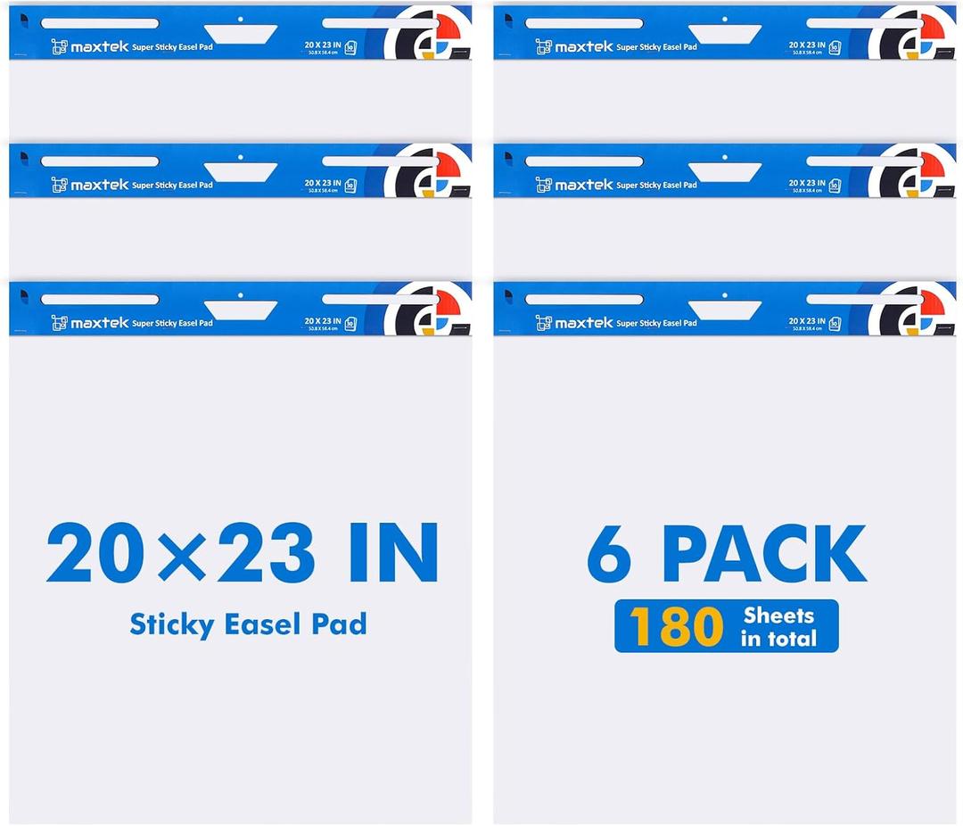 Maxtek Chart Paper 20"x23", Large Sticky Easel Pad with 6 Packs, 180 Sheets, Upgraded Big Anchor Flip Chart Paper with Super Sticky Back, Self-Stick Paper for Walls & Easels