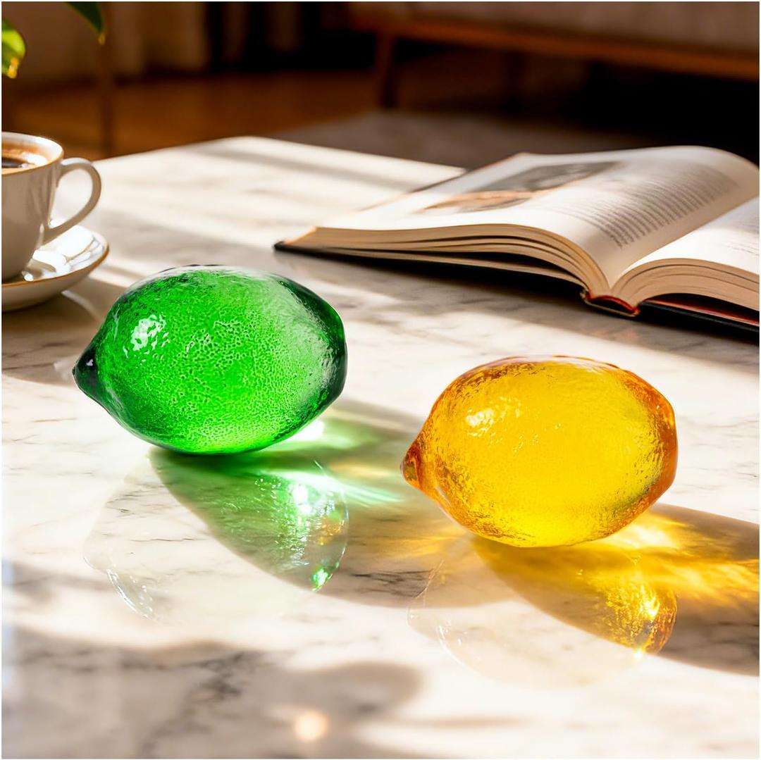 2Pcs Glass Lemon Figurine Collectibles, 2inch Glass Fruits Decoration for Home Office Table Lemon Ornament Decoration